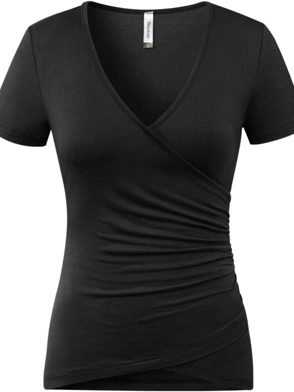 Women's Top Deep V Neck Slim Fitted T-Shirt Front Wrap Ruched Short Sleeve Tee